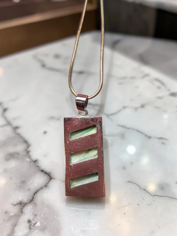Abalone Paua Shell Inlay Rectangle Pendant Necklace Gold Tone Snake Chain Boho - Image 10