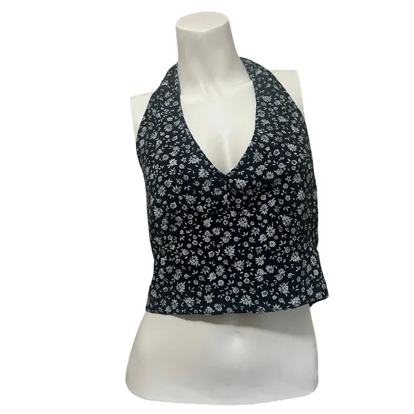 NWT L American Eagle Floral Halter Crop Top Smocked Preppy Coastal Vacation $25 - Image 2