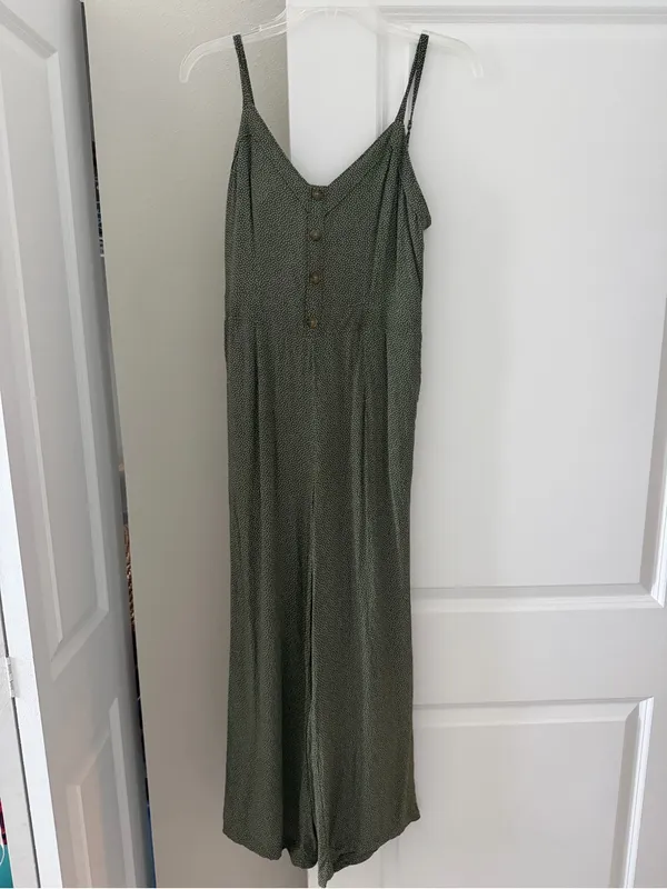 Abercrombie & Fitch Earthy Boho Button Front Tie Back Jumpsuit Green White Dot - Image 3