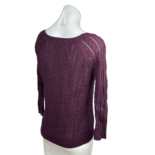 American Eagle Y2K Maroon Red Crochet Cable Knit Long Sleeve Sweater Top XS - Image 3
