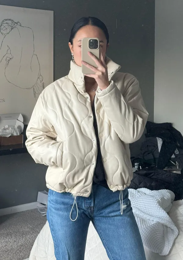 Forever21 cream puffer wavy stitch cinchable waist transition jacket - Image 2