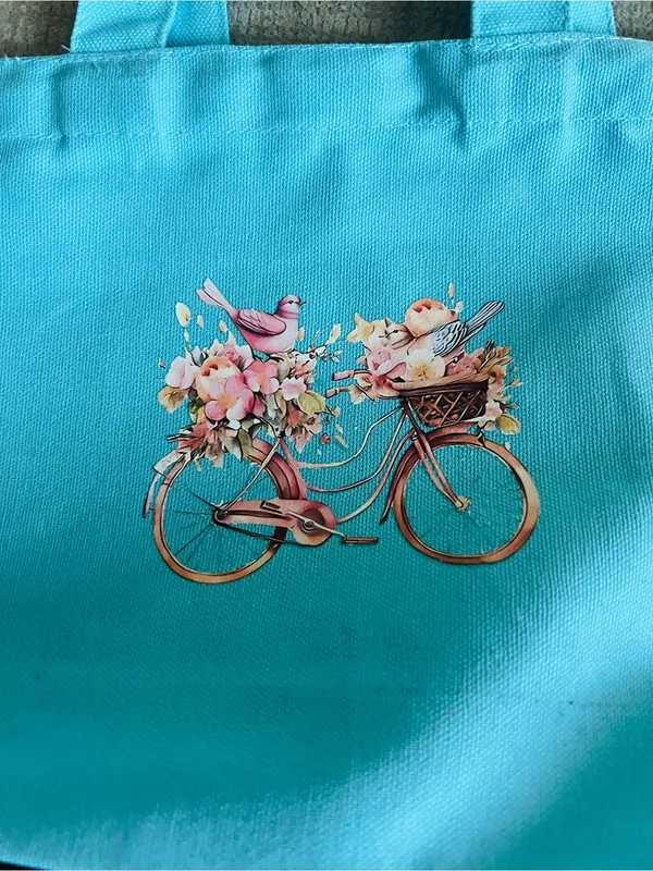 Women’s Aqua Blue Canvas Mid Size Floral/Bike Design Tote Bag NWT - Image 6