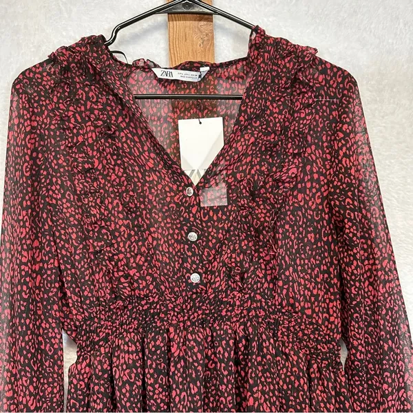 Zara Red & Black Cheetah Print Long‎ Sleeve Ruffled Mini Dress Size L - Image 2
