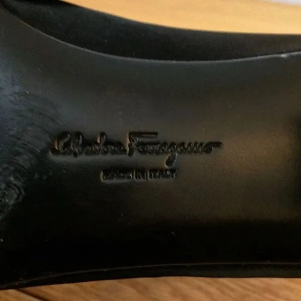 Salvatore Ferragamo black satin block heel pumps with rhinestone accent details - Image 5