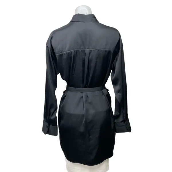 Abercrombie & Fitch Black Satin Long Sleeve Belted Button Down Shirt Dress Sz S - Image 3