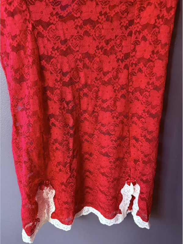 Red Lace Lingerie Dress with White Trim and Adjustable Straps - Image 5