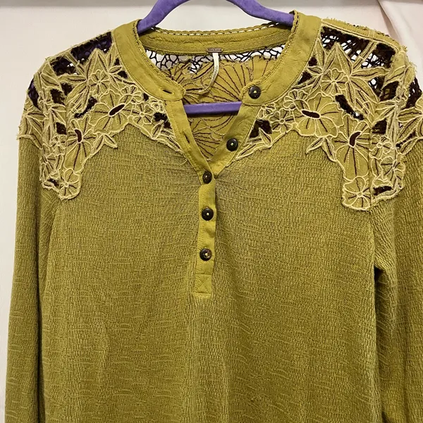 Free People Mustard Lace Accent Blouse - Image 3