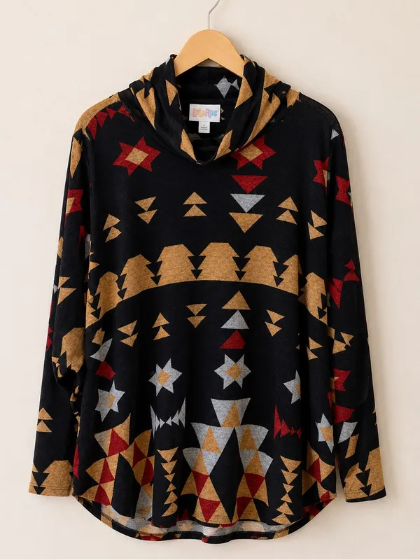 LuLaRoe Black Geometric Aztec Print Boho Oversized Drop Shoulder Knit Turtleneck - Image 4