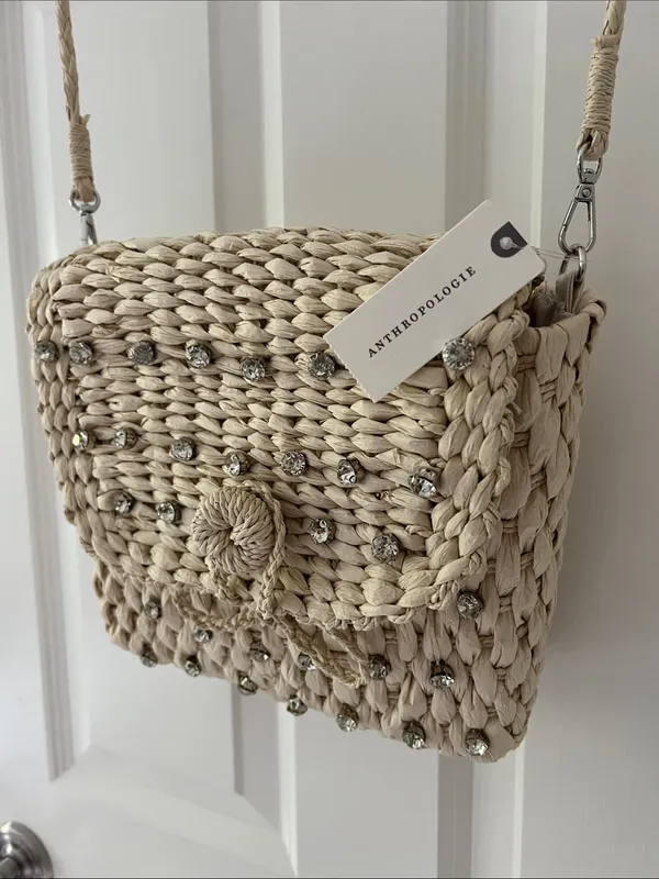 Anthropologie Beaded Woven Crossbody Bag in Natural Beige - Image 3