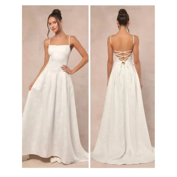 Lulus Arabella White Jacquard Basque Waist Maxi Dress Size Large Bridal Wedding - Image 2