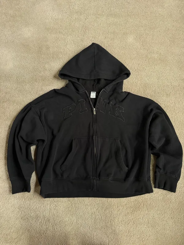 PINK Victoria’s Secret Black Full-Zip Hoodie – Size Large - Image 2