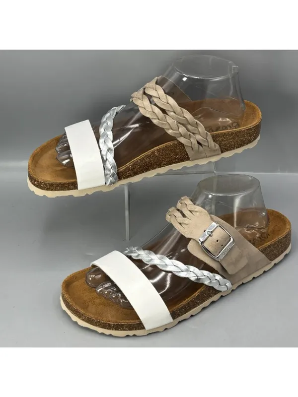 Biostep Slides Sandals Womens 9 White Silver Beige Braided Straps Slip-On Shoes - Image 3