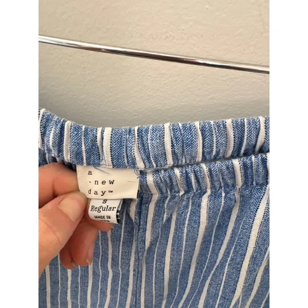 A New Day Blue White Striped Linen Blend Elastic‎ Waist Straight Leg Pants S - Image 3