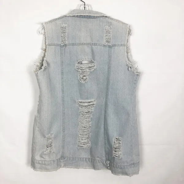 Distressed Denim Vest Womens Medium Long Length Western Cowgirl Rodeo Festival - Image 7