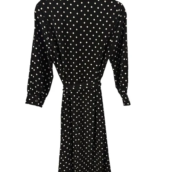 LDT Adrienne Polka Dot Black and White Belted Button Up Midi Dress‎ Size 8 - Image 2