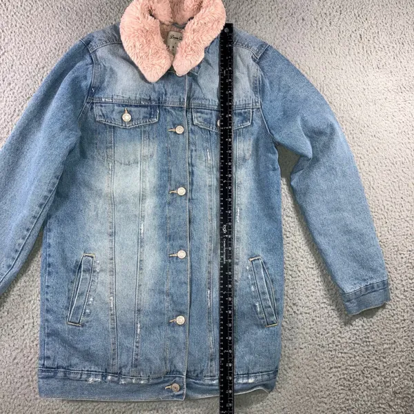 Y2K Longline Denim Jacket Women 4 Pink Faux Fur Collar Fleece Lined Boyfriend - Image 11