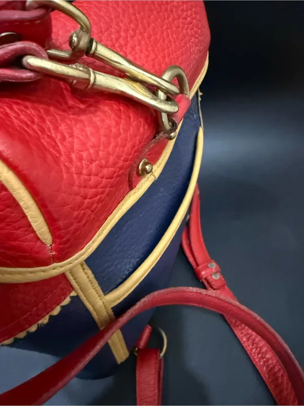 Rare Vintage DOONEY & BOURKE Teton AWL Lipstick Red Navy Yellow Leather Backpack - Image 10
