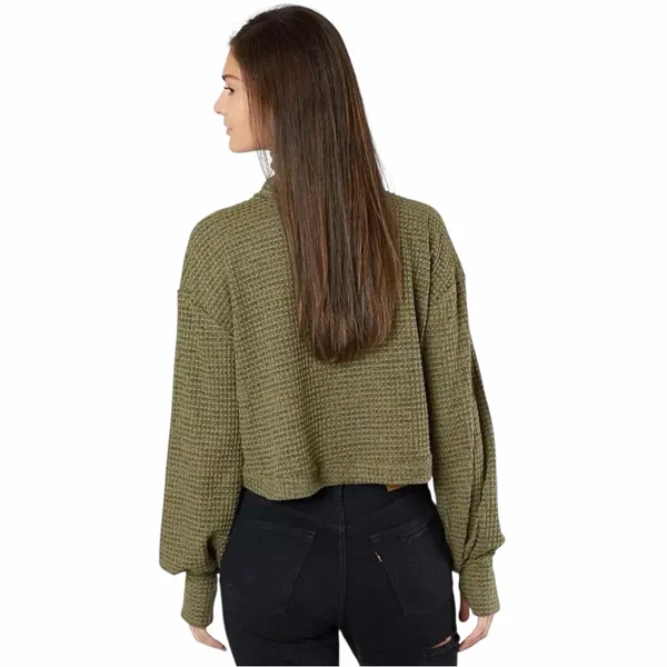 Free People Army Green Waffle Knit Cropped Mockneck BK Top Shirt size Large - Image 4