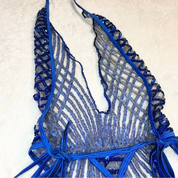 Brazilian Blue Sequin Sheer Plunge One-Piece Thong Side Tie Swimwear Size Small - Image 11