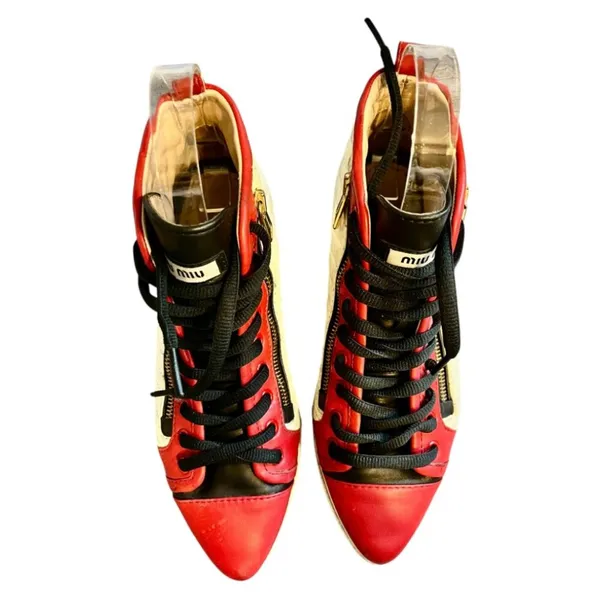 Miu Miu Prada Red White & Black Pointed Toe High Top Nappa Biker Sneakers - Image 3