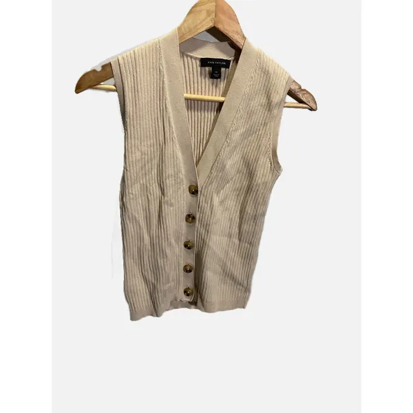 Ann‎ Taylor Sweater Vest Womens XS Beige Ribbed Knit Button Front Preppy Career - Image 2