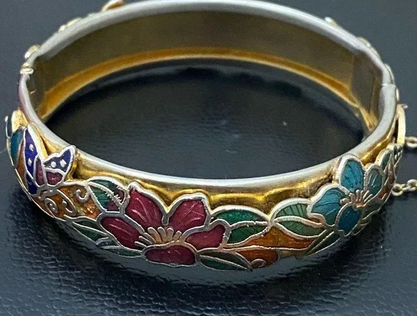Vintage Unsigned Gold-tone Floral Flower Cloisonne Hinged Bangle Bracelet 36.2g - Image 4