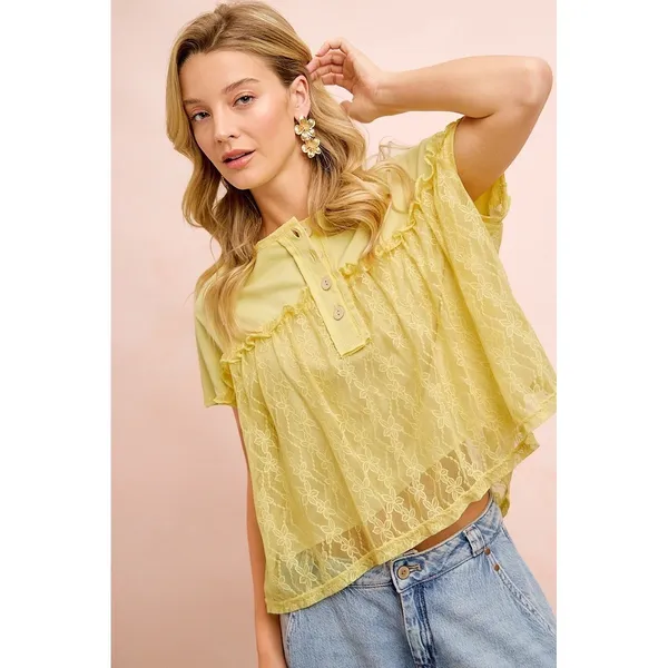 BiBi Solid Jersey With Lace Combo Ruffled Buttoned Top - Image 5