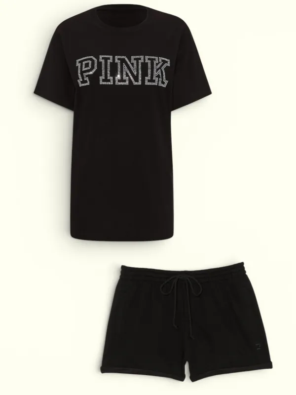 PINK Victoria's Secret Black Bling Diamanté Logo Campus Tee & Fleece Shorts L - Image 11