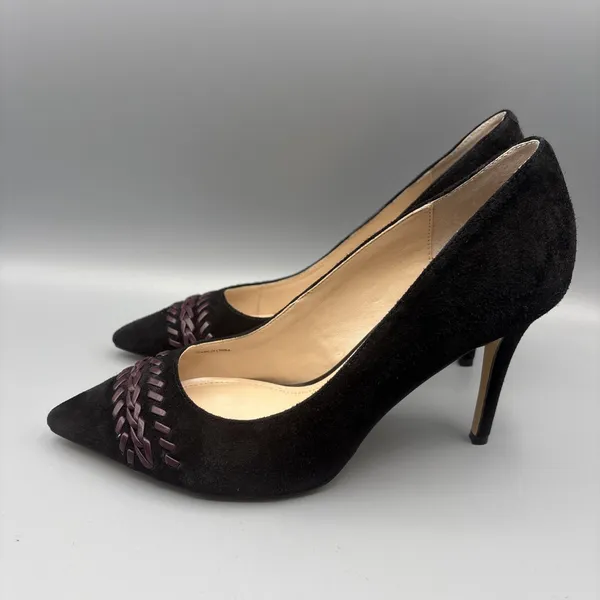White House | Black Market High Heels Size 8 Black Suede Olivia Whipstitch Purple Braided Pumps Gothic - Image 6