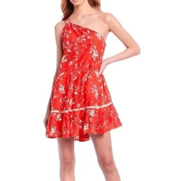 FREE PEOPLE All Mine Red Floral One Shoulder Ruffle Hem Mini Dress Size XS - Image 13