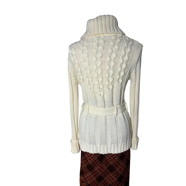 Vintage Belted Cable Knit Portrait Collar Cardigan Cream Korea M Medium - Image 3