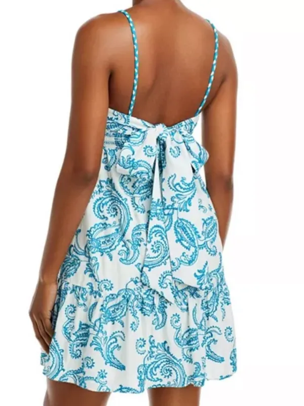 Alice + Olivia Khira Embroidered Mini Dress Bow Back Ivory Turquoise Size 8 Flaw - Image 3