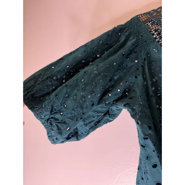 Adiva crochet‎ green teal lace eyelet short puff sleeve top large - Image 5