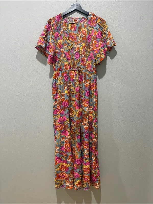 Bright Fushia Floral Print Short Sleeve Smocked Top Tiered Maxi Dress Size L - Image 2