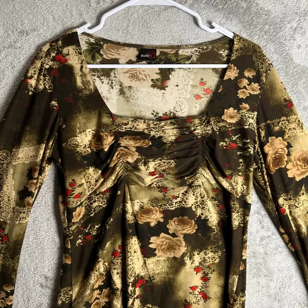 Vintage Y2K Ruched Blouse Boho Fairy Grunge‎ Long Flare Sleeve Indie Sleaze Med - Image 2