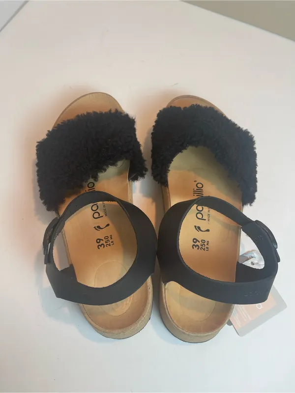 NWT Papillio by Birkenstock Black Shearling Platform Wedge Sandals Size 39 / 8 - Image 7