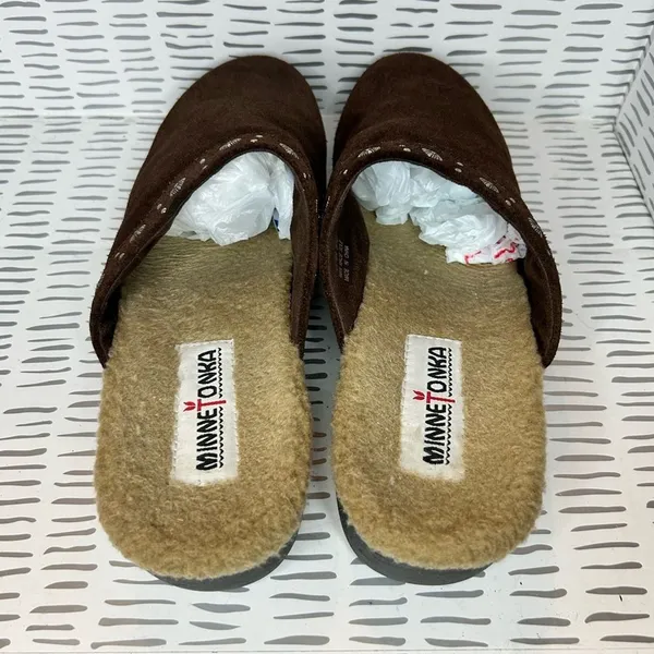 Minnetonka Womens Brown Suede Studded‎ Faux Fur Lined Clog Mules Size 9 Boho - Image 6