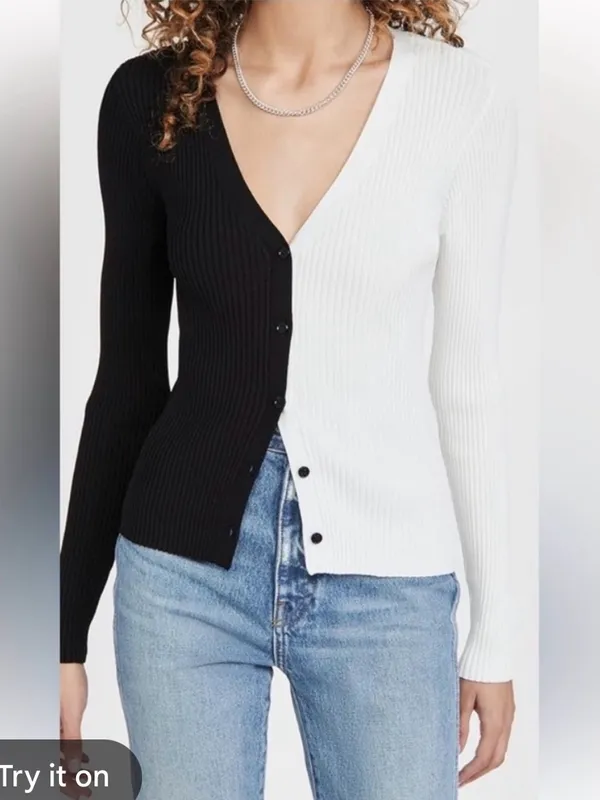 STAUD Two-Tone Ribbed V-Neck Cardigan - Black & Gray - Image 4