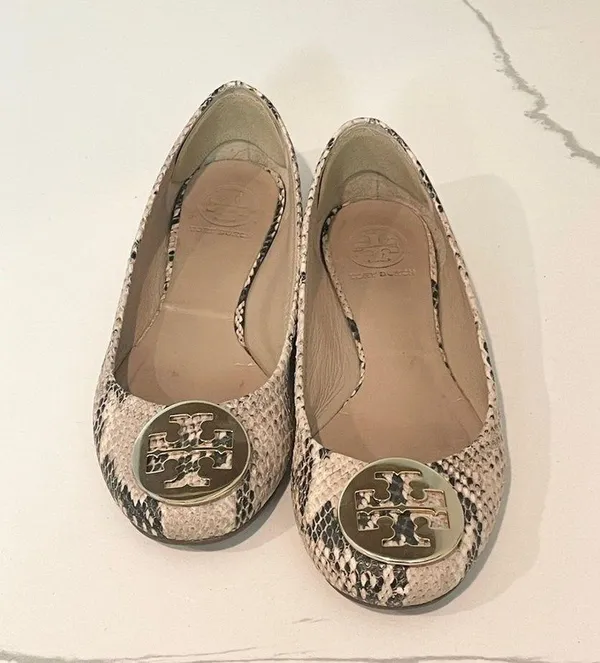 Tory Burch Snakeskin Ballet Flats - Cream and Black - Image 2