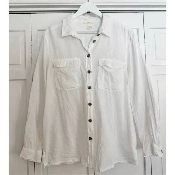 H&M white linen pocket front button down size medium - Image 2