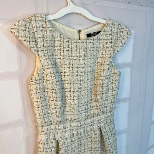 Badgley Mischka White Gold Tweed Boat Neck Cap Sleeve Sheath Dress Size 0 - Image 3