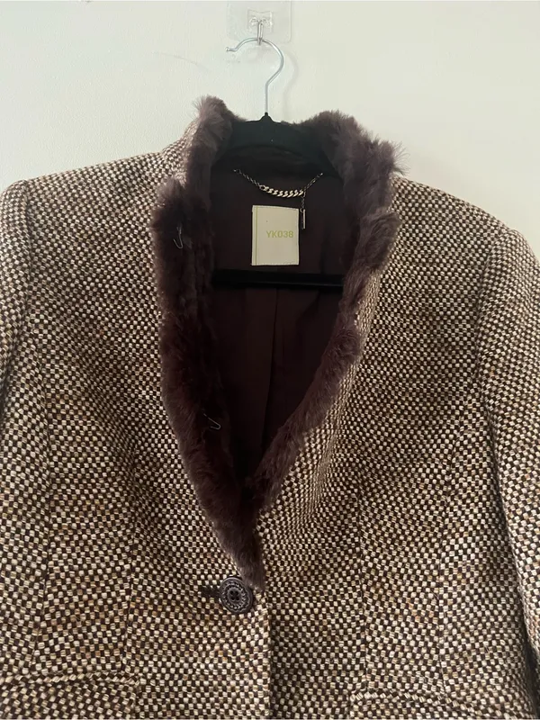 Brown Wool Tweed Blazer Fur Collar Medium Preppy Academia Equestrian Old Money - Image 5