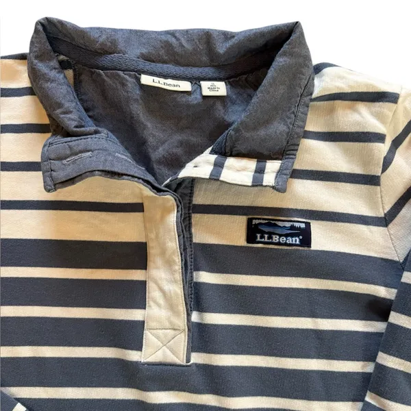 LL Bean Rugby Henley Long Sleeve Cotton Top Blue White Stripes Womens Size Small - Image 3