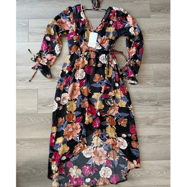 Band of the Free Boho Floral Stevie Nicks Hi-Lo Wrap Maxi Dress Long Sleeve M - Image 3