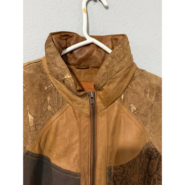 Vintage 80s Otello Pelle Leather Bomber Jacket L Patchwork Paisley Metallic Gold - Image 14
