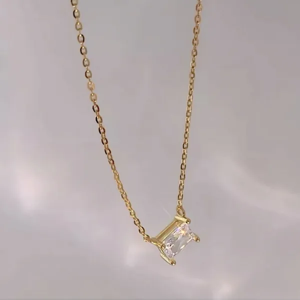 NEW Minimalist Gold Necklace with Simulated‎ Diamond Emerald Cut Pendant, 16-18” - Image 4