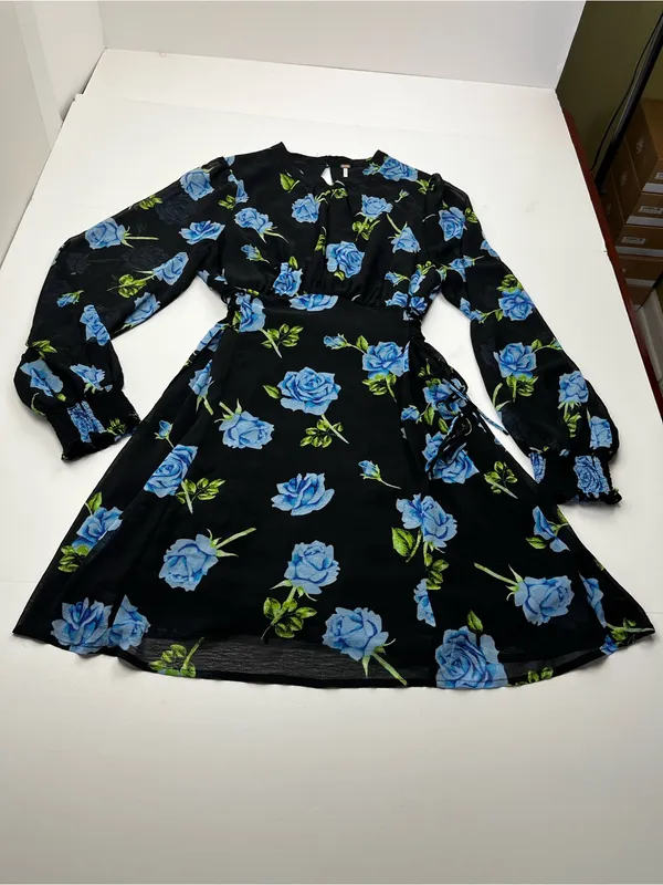 Free People Samantha Lace Up Mini Dress Black Floral Blue Combo Womens Large - Image 3