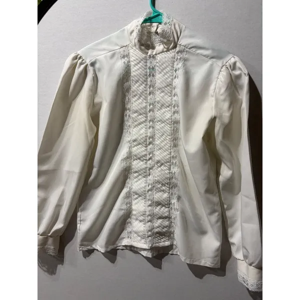 Rhapsody Womens Cream Lace Trim Mock Neck Puff Sleeve Blouse Top Made in‎ USA - Image 3