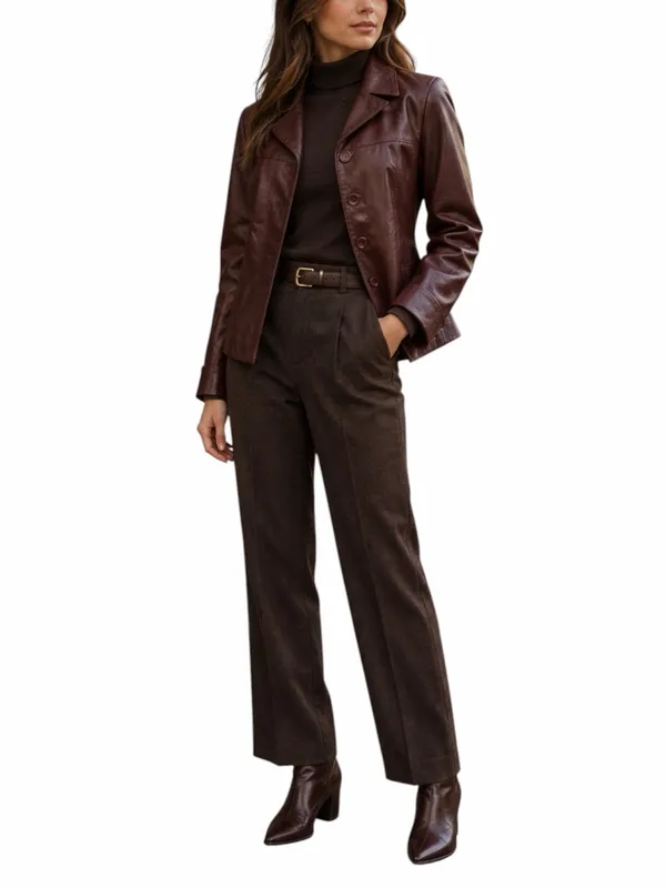 Cache Leather Jacket 10 Burgundy Fitted Button Front Y2K Retro Blazer Maroon - Image 12
