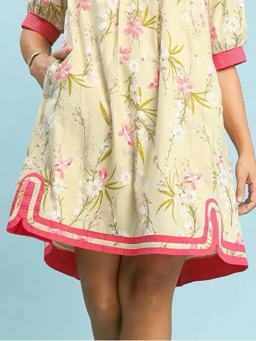 New!Umgee Plus Size Cotton Lined Butter Floral Puff Sleeve Dress Pink Size 1X - Image 5